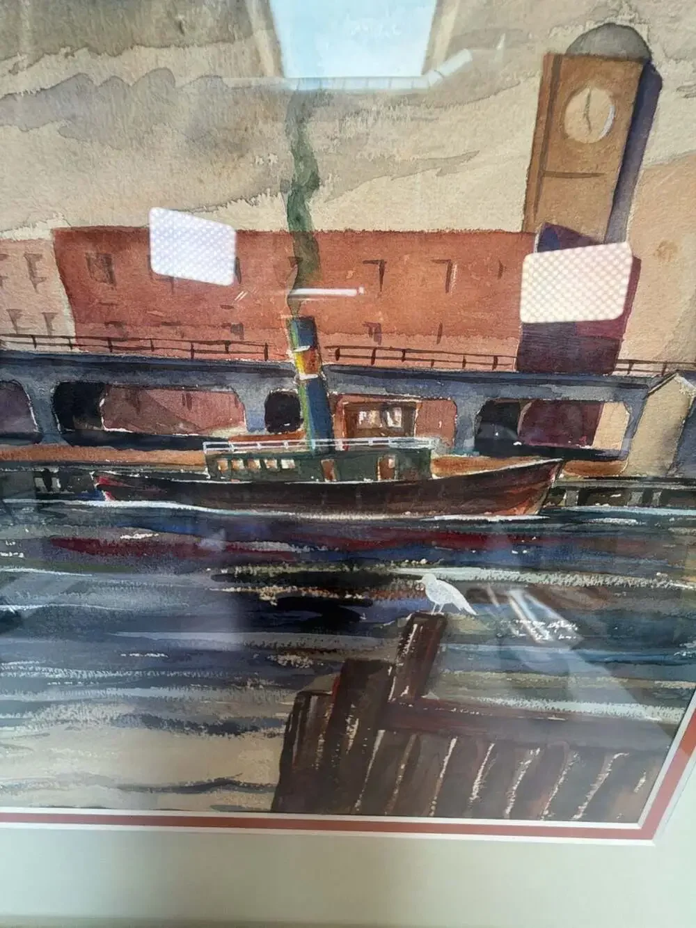 Vintage Watercolor Painting Bridgeport‎ Harbor by Henry E. Walsh